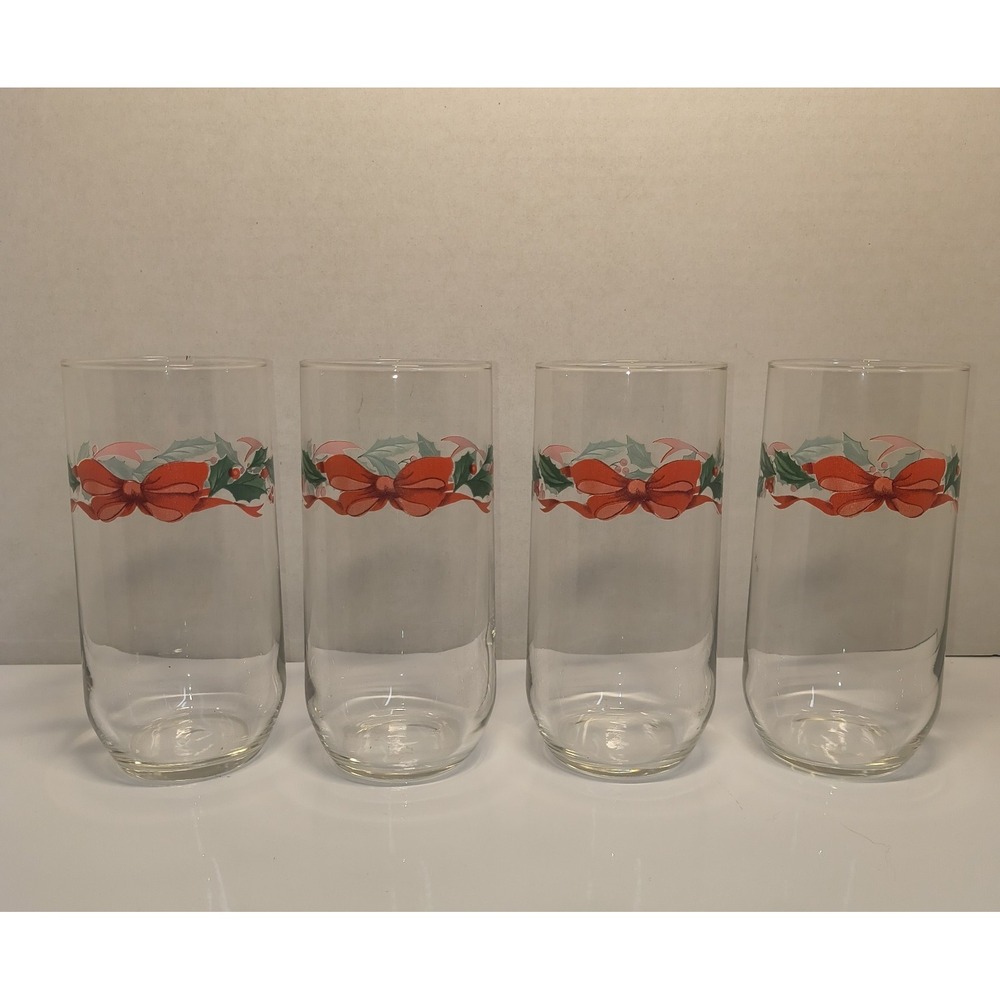 Vintage 90s Holly Christmas Drinking Glass Tumbler Set Red Bow Luminarc France